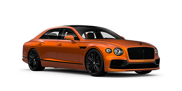 Bentley Baku Bentley Flying Spur Speed front side angled view in Orange Flame coloured exterior. 
