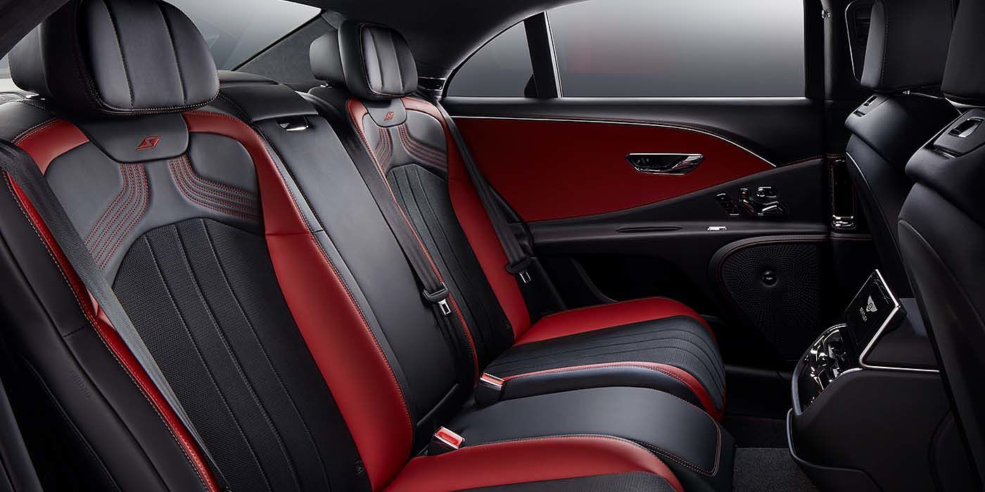 Bentley Baku Bentley Flying Spur S sedan rear interior in Beluga black and Hotspur red hide with S stitching