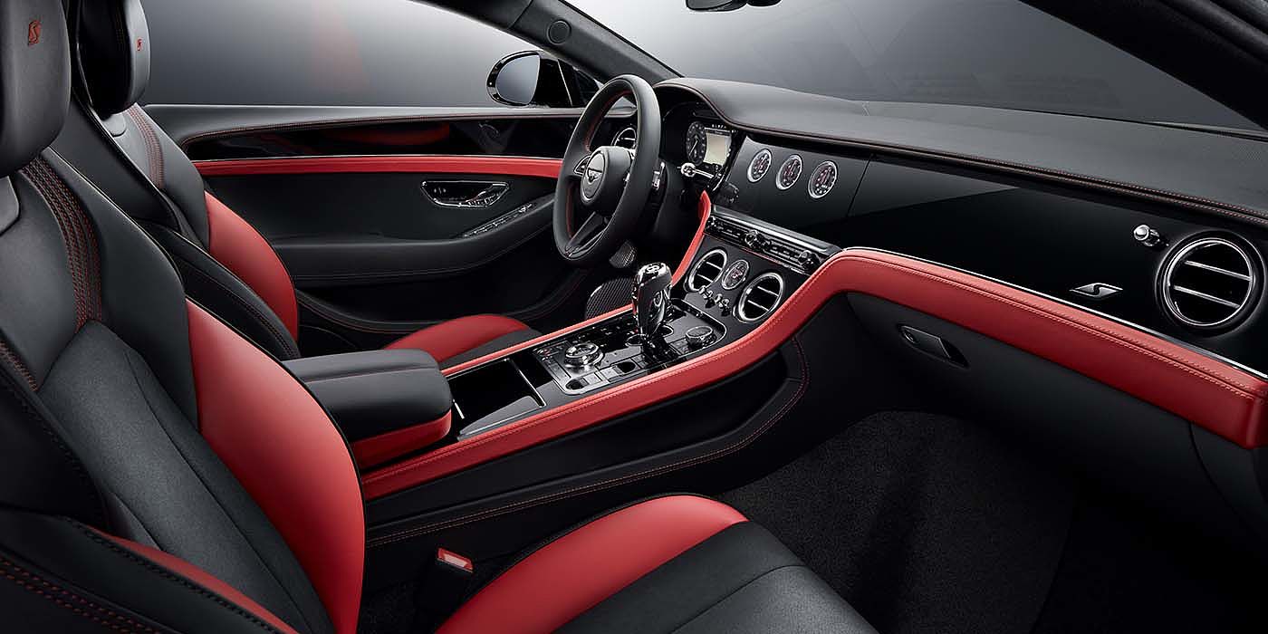 Bentley Baku Bentley Continental GT S coupe front interior in Beluga black and Hotspur red hide with high gloss Carbon Fibre veneer