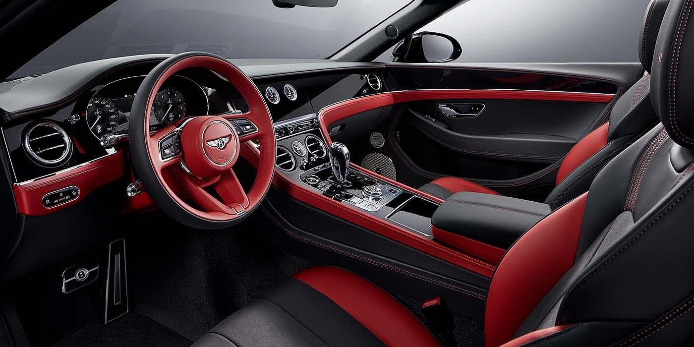 Bentley Baku Bentley Continental GTC S convertible front interior in Beluga black and Hotspur red hide with high gloss carbon fibre veneer