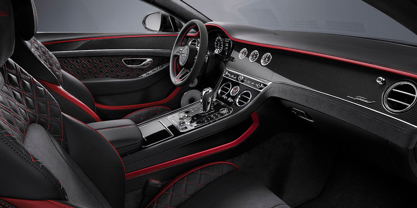 Bentley Baku Bentley Continental GT Speed coupe front interior in Beluga black and Hotspur red hide