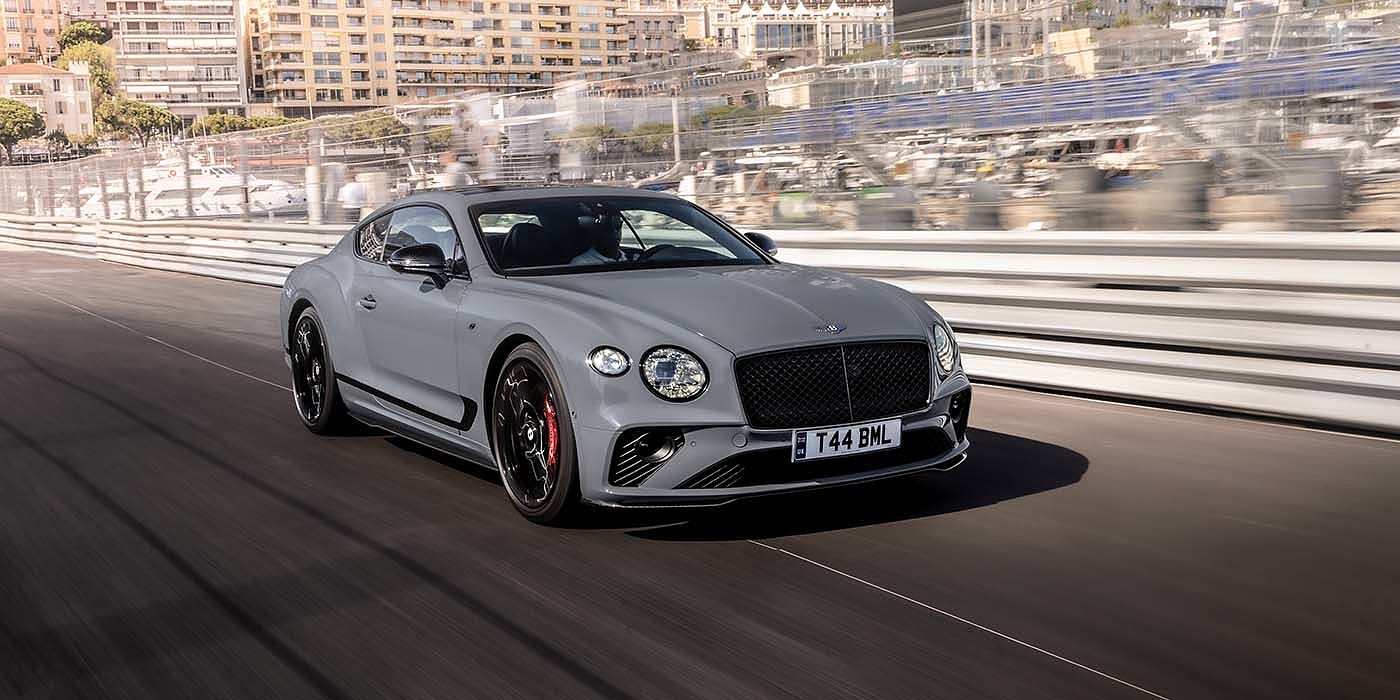 Bentley Baku Bentley Continental GT S coupe in Cambrian Grey paint front 34 dynamic driving on track