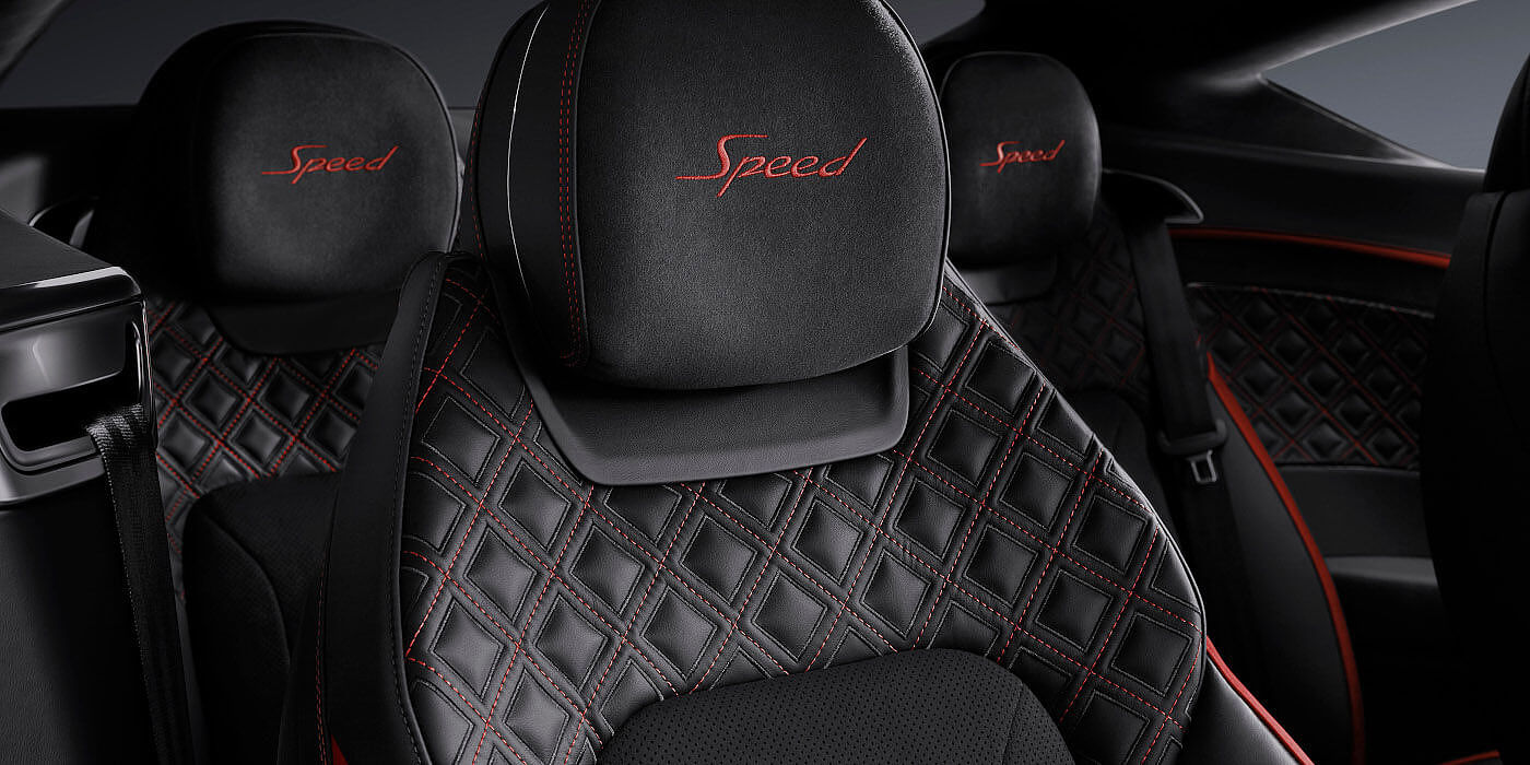 Bentley Baku Bentley Continental GT Speed coupe seat close up in Beluga black and Hotspur red hide