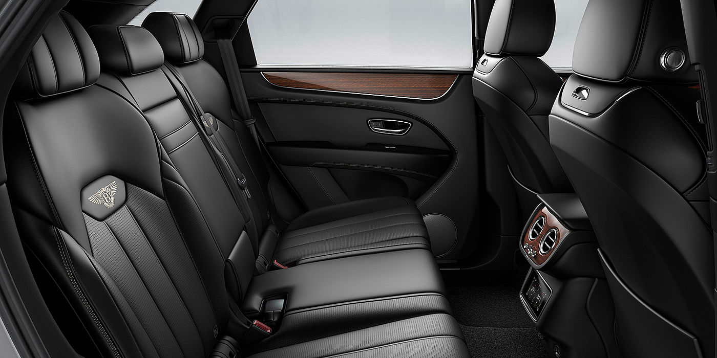 Bentley Baku Bentey Bentayga interior view for rear passengers with Beluga black hide.