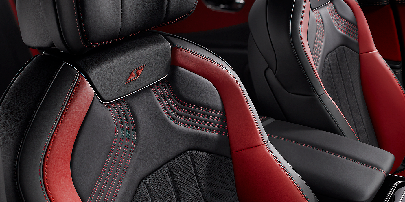 Bentley Baku Bentley Flying Spur S seat in Beluga black and \hotspur red hide with S emblem stitching