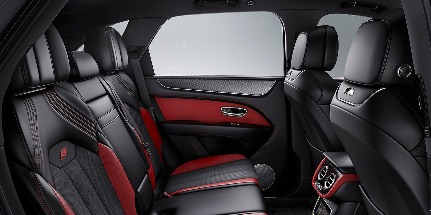 Bentley Baku Bentey Bentayga S interior view for rear passengers with Beluga black and Hotspur red coloured hide.