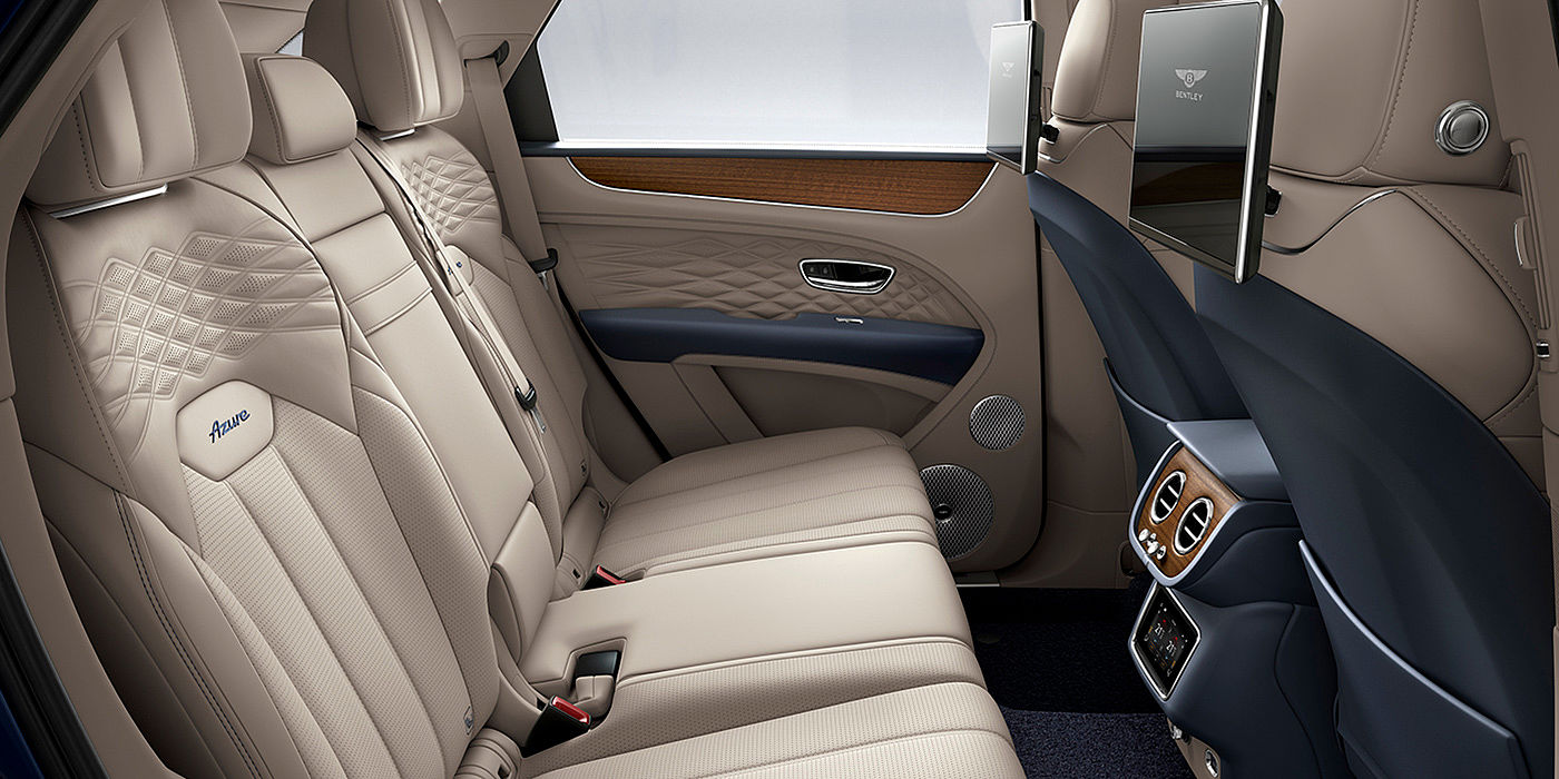 Bentley Baku Bentey Bentayga Azure interior view for rear passengers with Portland hide and Rear Seat Entertainment. 