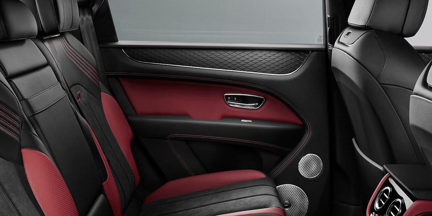 Bentley Baku Bentley Bentayga S SUV rear interior in Beluga black and Hotspur red hide