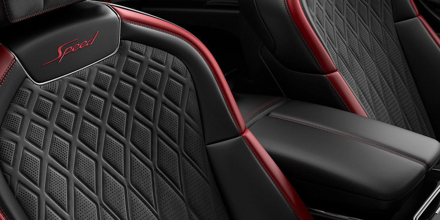 Bentley Baku Bentley Flying Spur Speed sedan seat stitching detail in Beluga black and Cricket Ball red hide