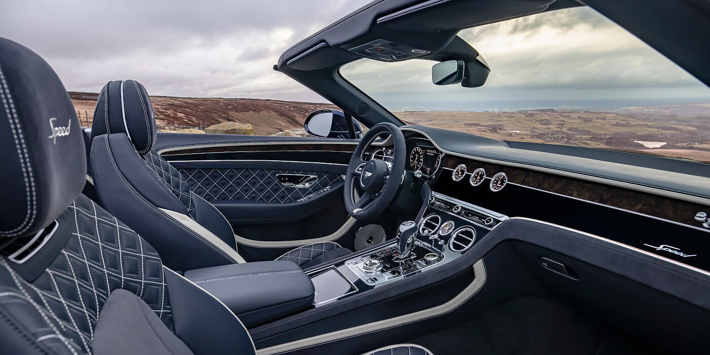 Bentley Baku Bentley Continental GTC Speed convertible front interior in Imperial Blue and Linen hide