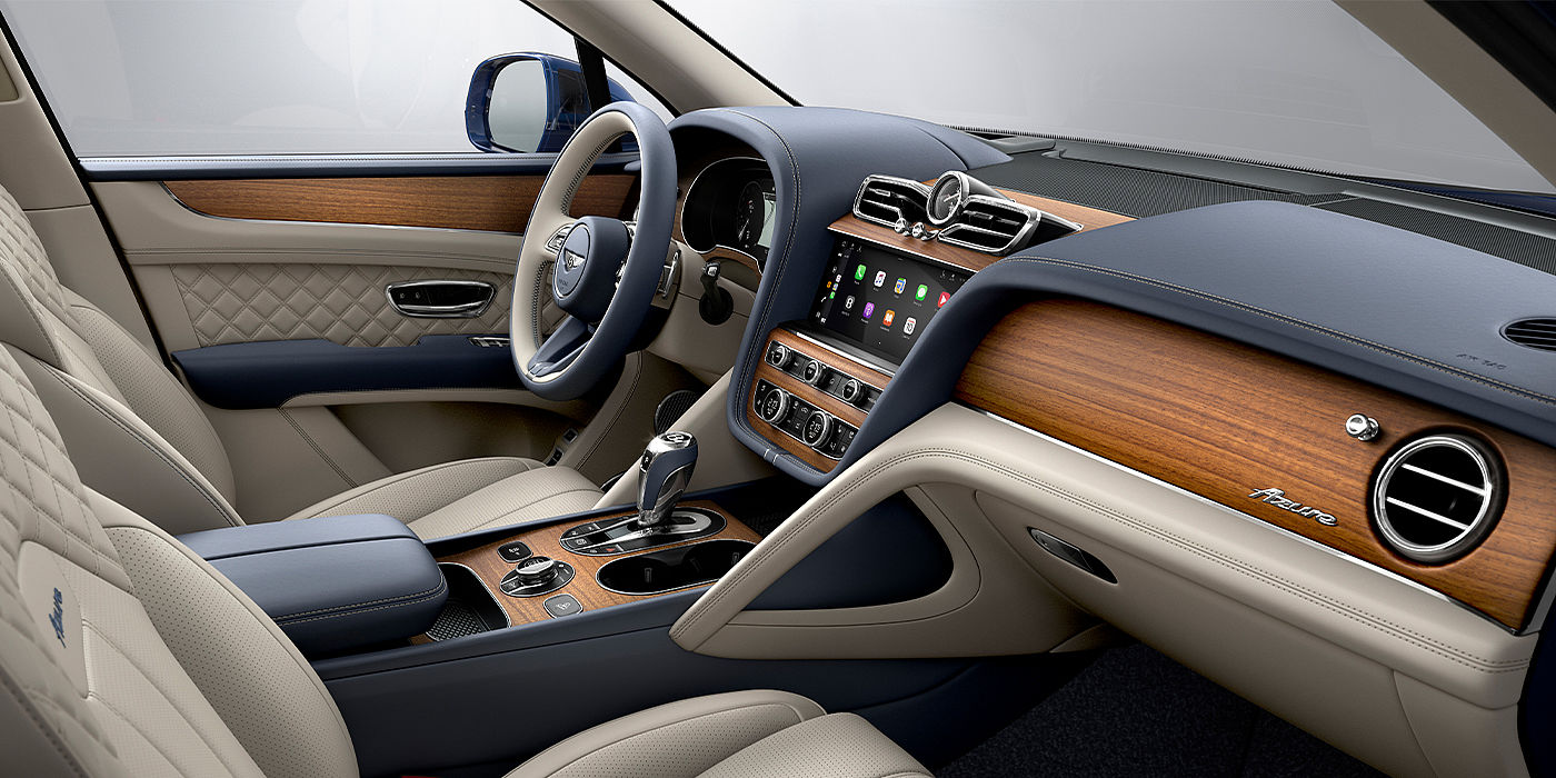 Bentley Baku Bentley Bentayga Azure SUV front interior in Imperial Blue and Linen hide