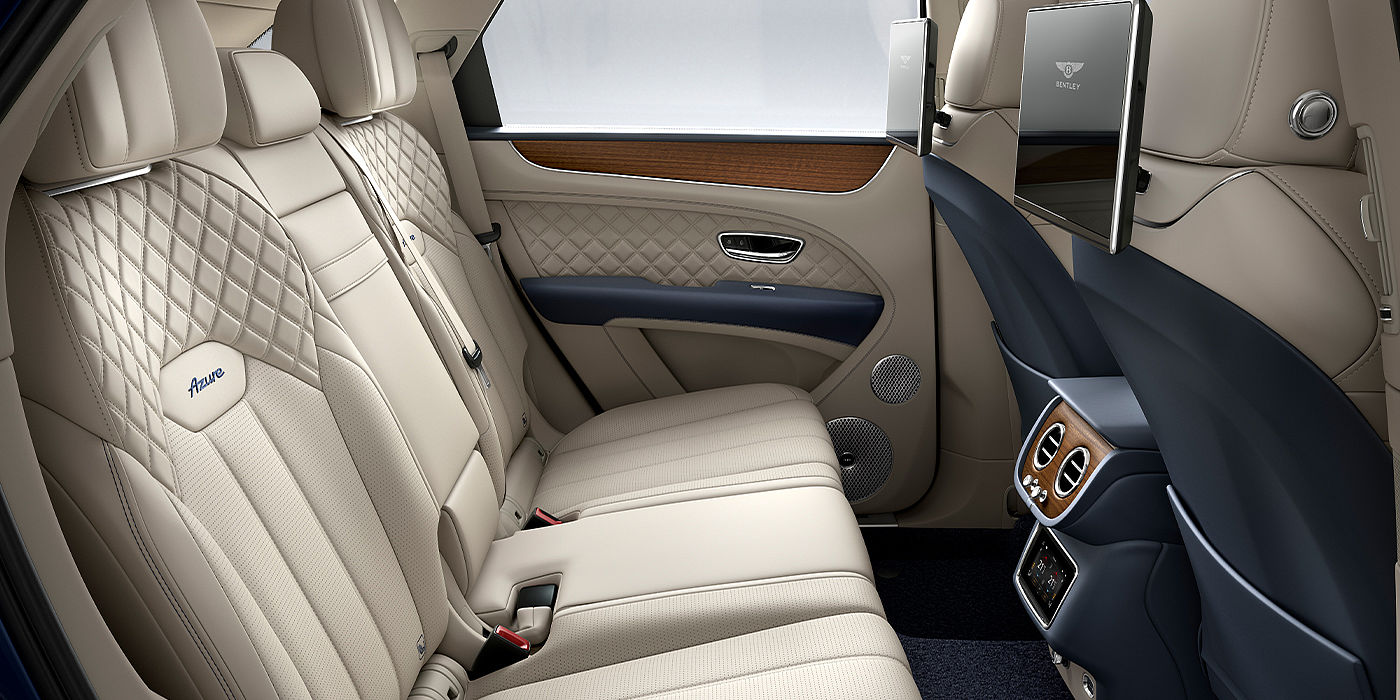 Bentley Baku Bentley Bentayga Azure SUV rear interior in Imperial Blue and Linen hide