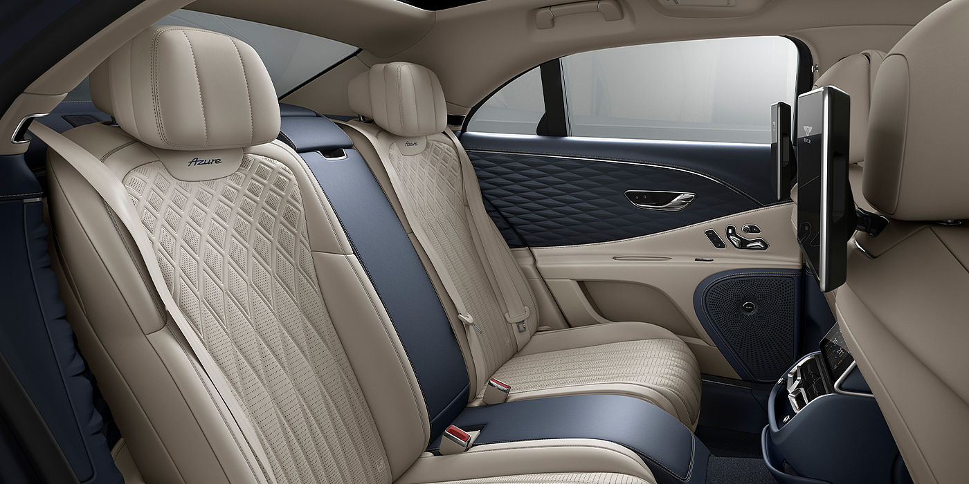 Bentley Baku Bentley Flying Spur Azure sedan rear interior in Imperial Blue and Linen hide