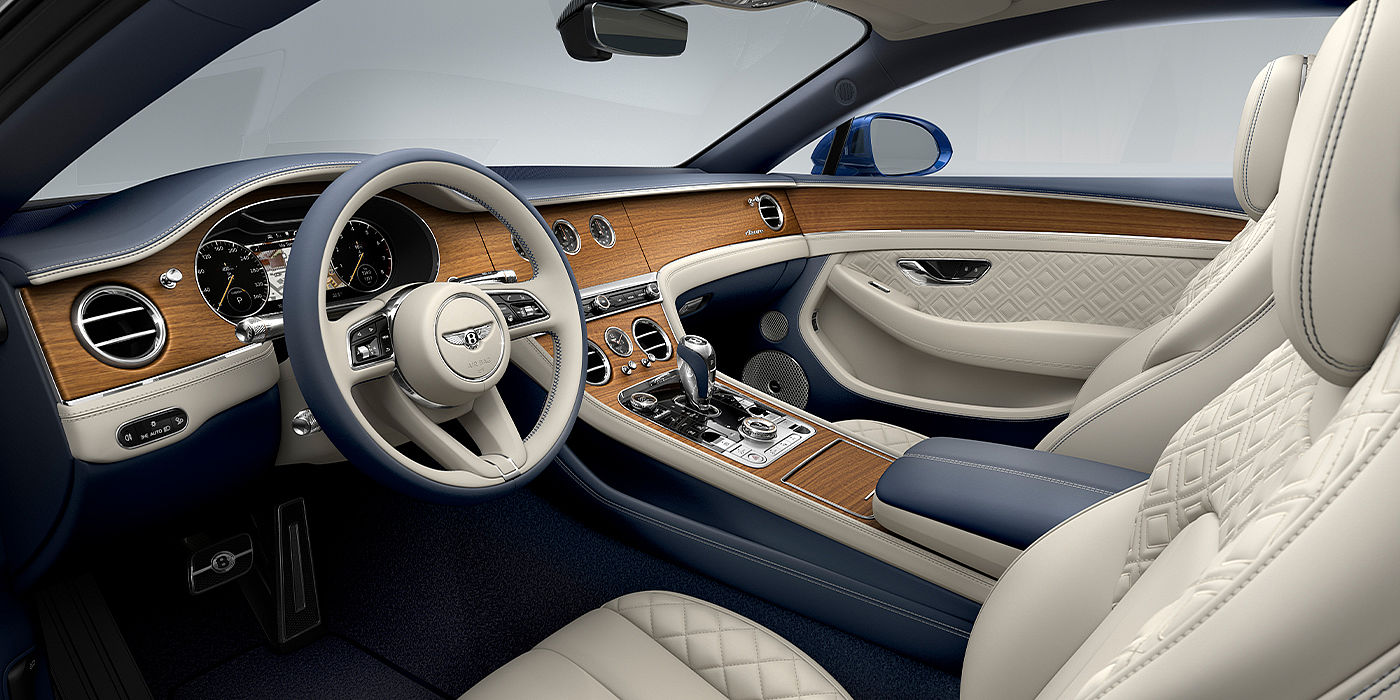 Bentley Baku Bentley Continental GT Azure coupe front interior in Imperial Blue and linen hide