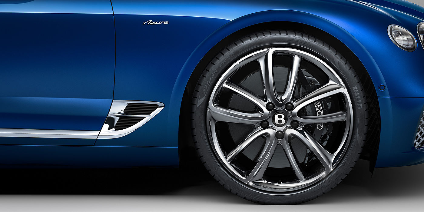 Bentley Baku Bentley Continental GT Azure coupe in Sequin Blue paint side close up with Azure badge
