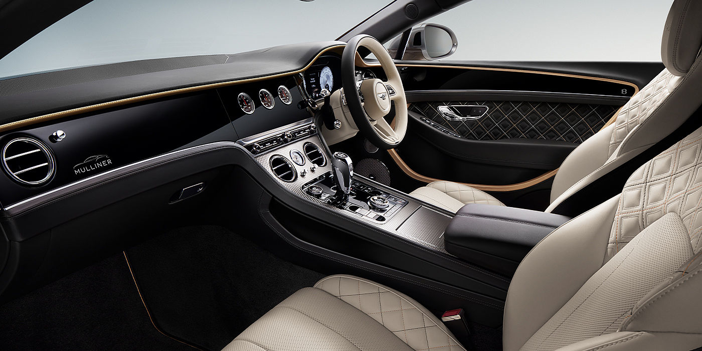 Bentley Baku Bentley Continental GT Mulliner coupe front interior in Beluga black and Linen hide