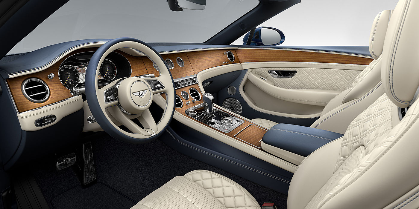 Bentley Baku Bentley Continental GTC Azure convertible front interior in Imperial Blue and Linen hide