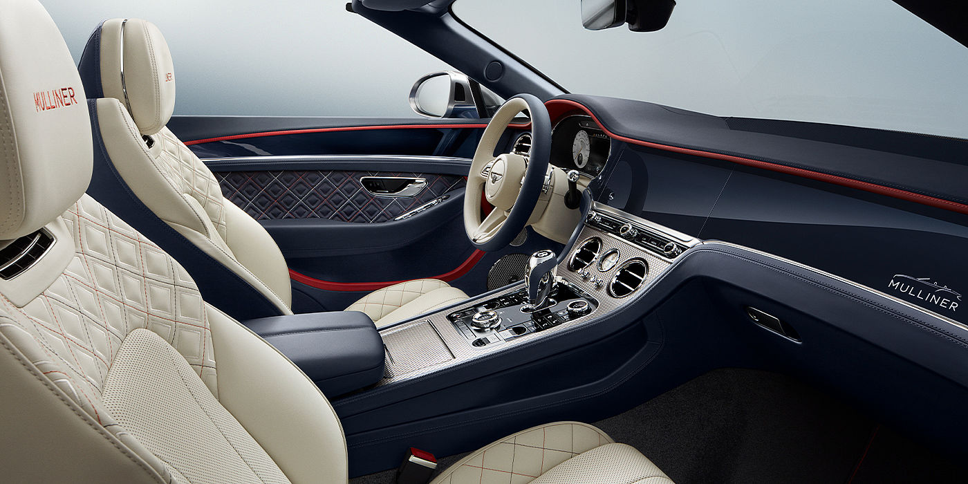 Bentley Baku Bentley Continental GTC Mulliner convertible front interior in Imperial Blue and Linen hide